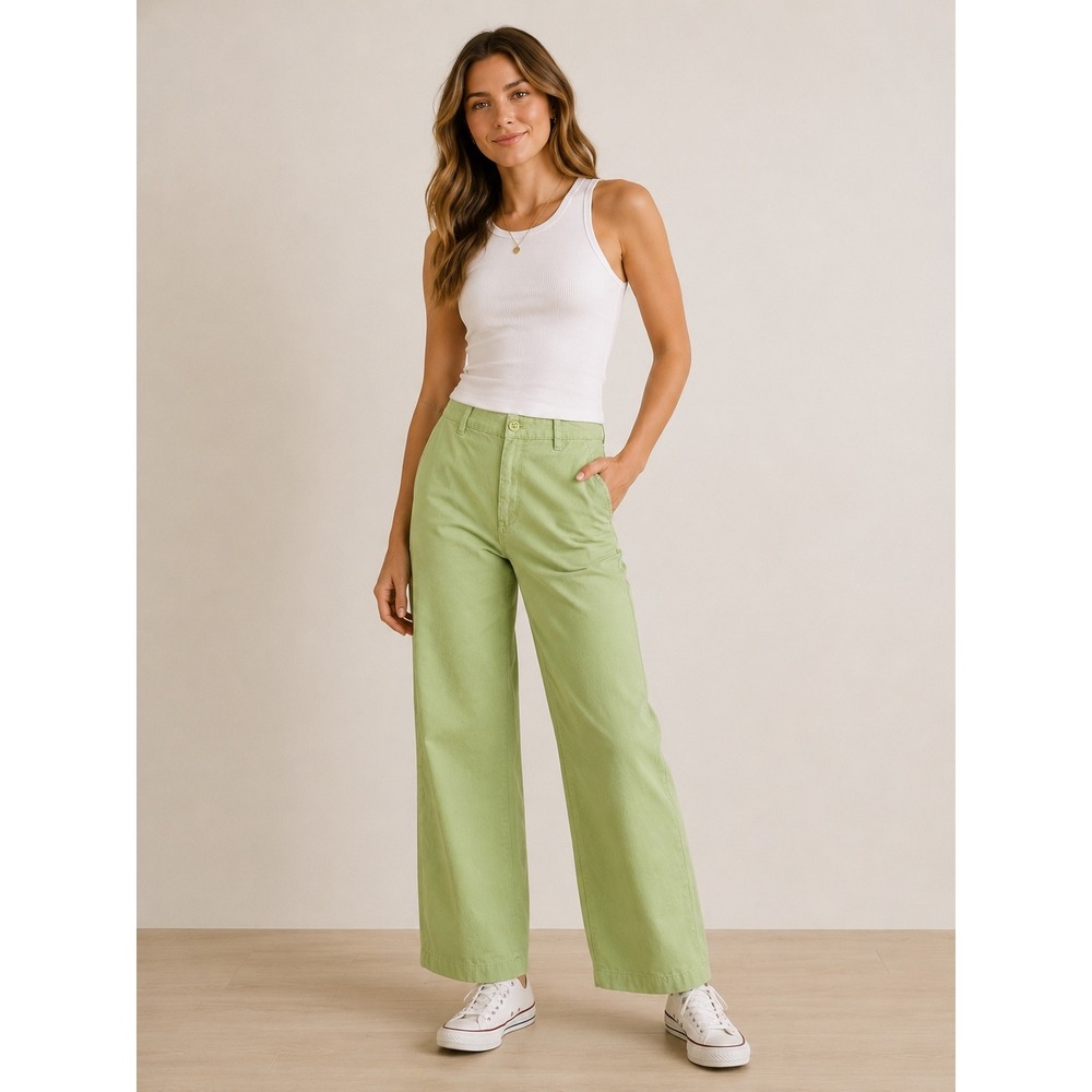 Sun-deh Sage Green Organic Cotton High Rise Straight Leg Pants Size 6